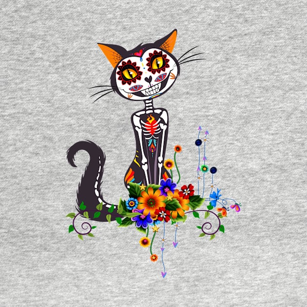 Funny cute sugar cat skeleton with flowers by Nicky2342